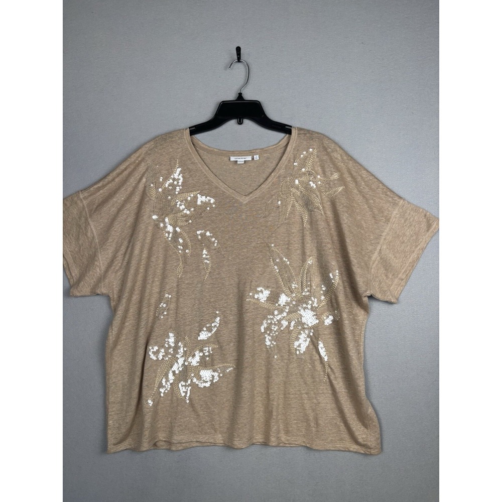 Chico's Women's Blouse 4XL Beige V Neck Shirt Floral Sequins Embroidered 4052